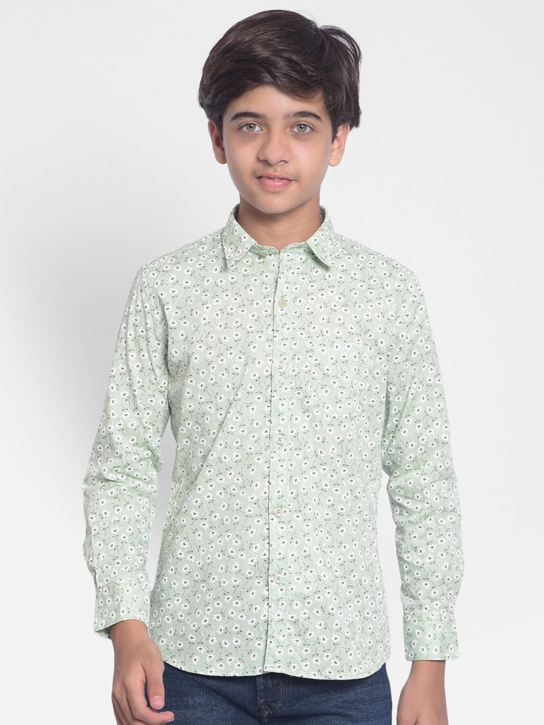 

Crimsoune Club Boys Slim Fit Floral Printed Pure Cotton Casual Shirt, Green