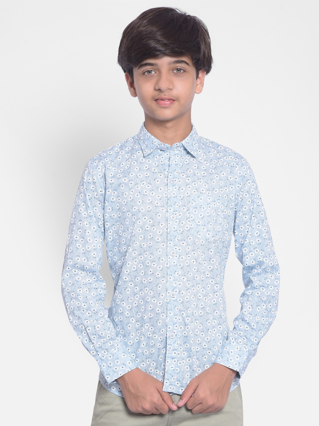 

Crimsoune Club Boys Slim Fit Floral Printed Pure Cotton Casual Shirt, Blue