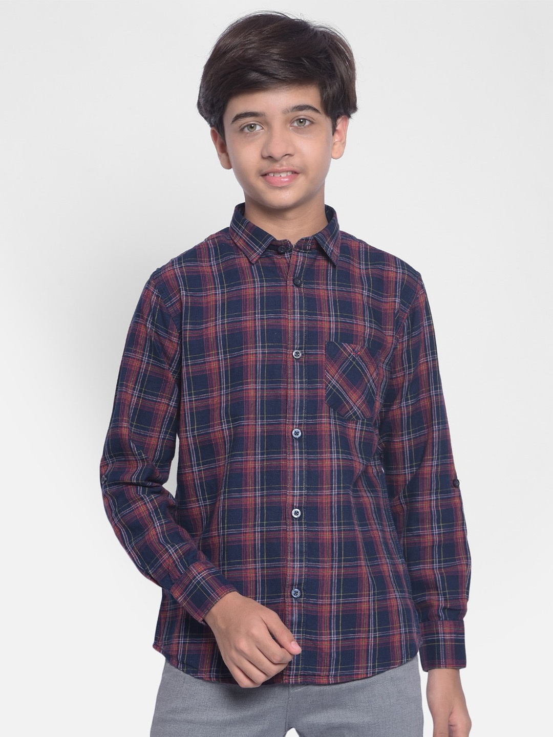 

Crimsoune Club Boys Tartan Checked Pure Cotton Casual Shirt, Red