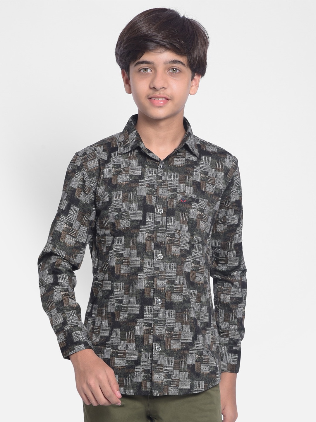 

Crimsoune Club Boys Geometric Printed Slim Fit Pure Cotton Casual Shirt, Green