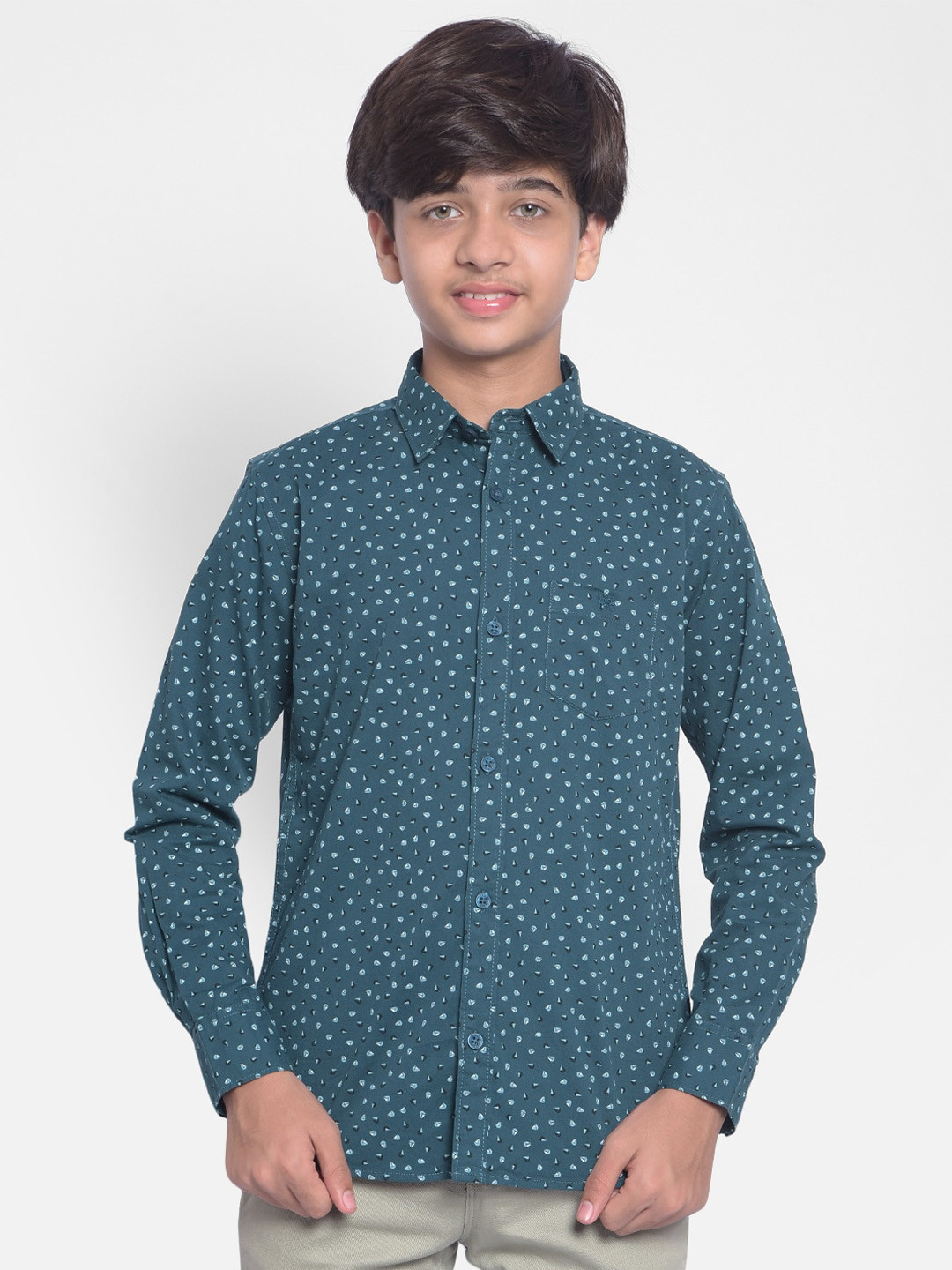 

Crimsoune Club Boys Slim Fit Micro Ditsy Printed Pure Cotton Casual Shirt, Green