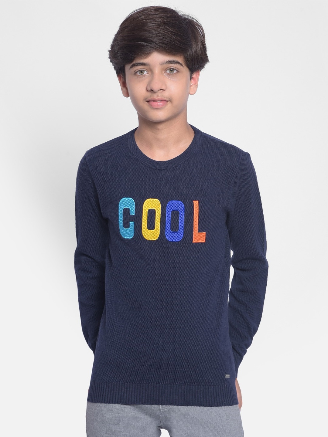 

Crimsoune Club Boys Typography Printed Pure Cotton Pullover, Navy blue