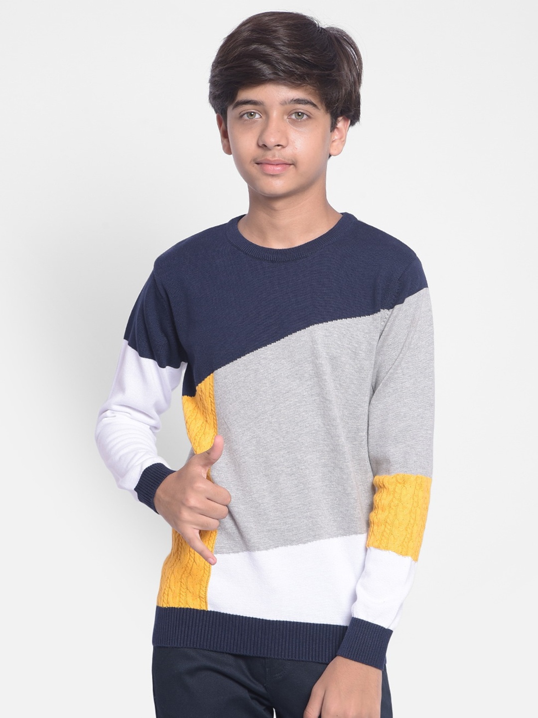 

Crimsoune Club Boys Colourblocked Round Neck Pure Cotton Pullover, Navy blue
