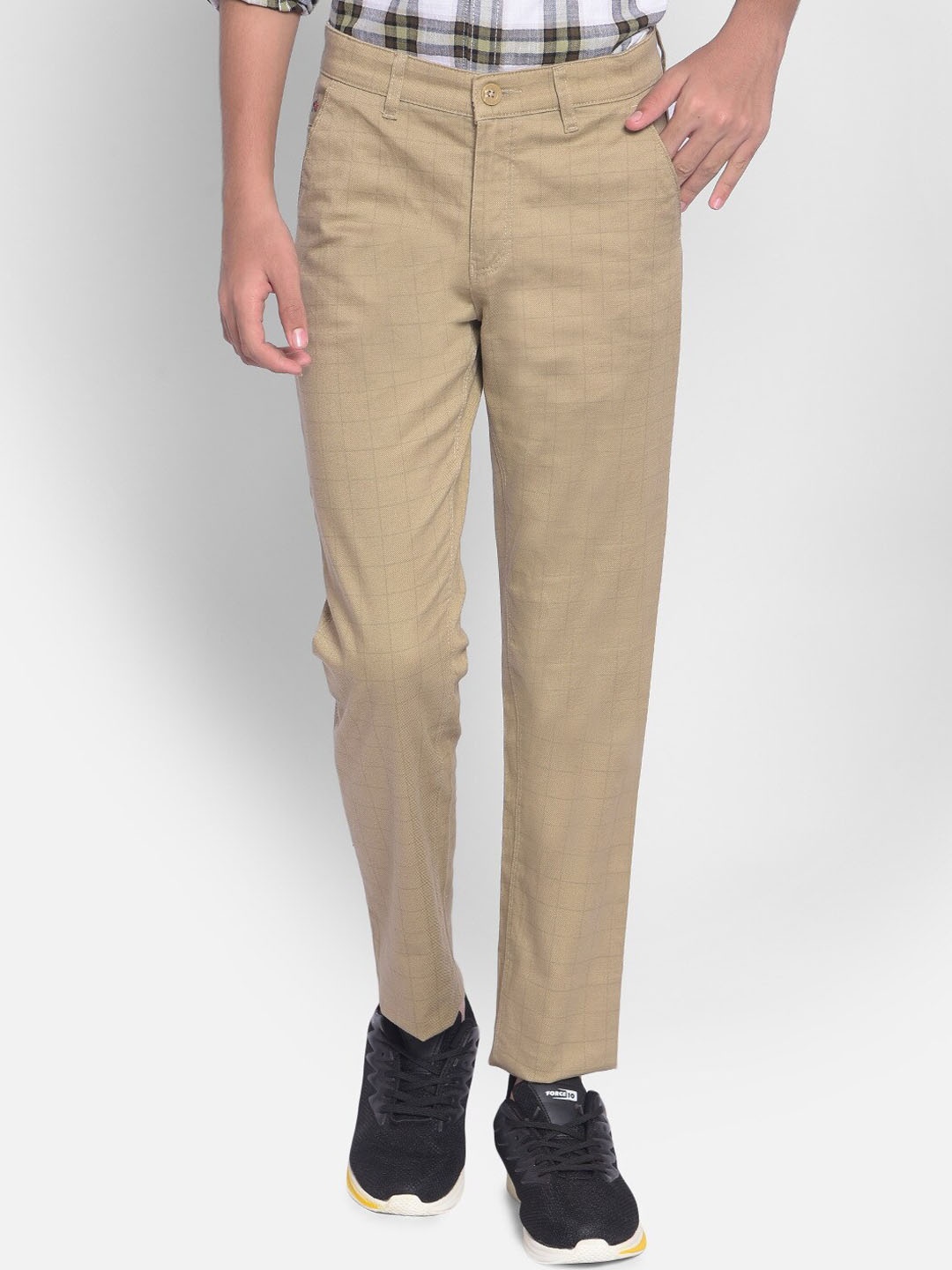 

Crimsoune Club Boys Checked Mid Rise Plain Slim Fit Chinos, Beige