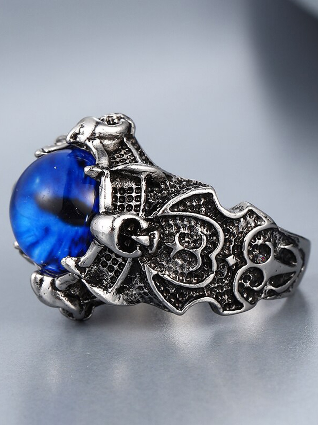 

VIEN Set Of 2 Silver-Plated Stone-Studded Oxidised Adjustable Finger Rings