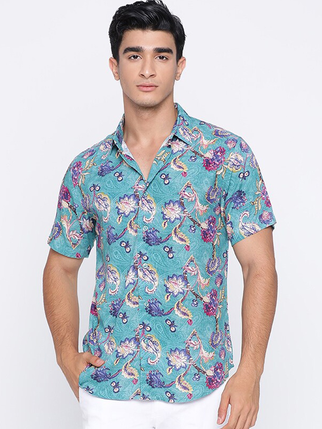 

Shurtz N Skurtz Relaxed Floral Printed Cotton Casual Shirt, Teal