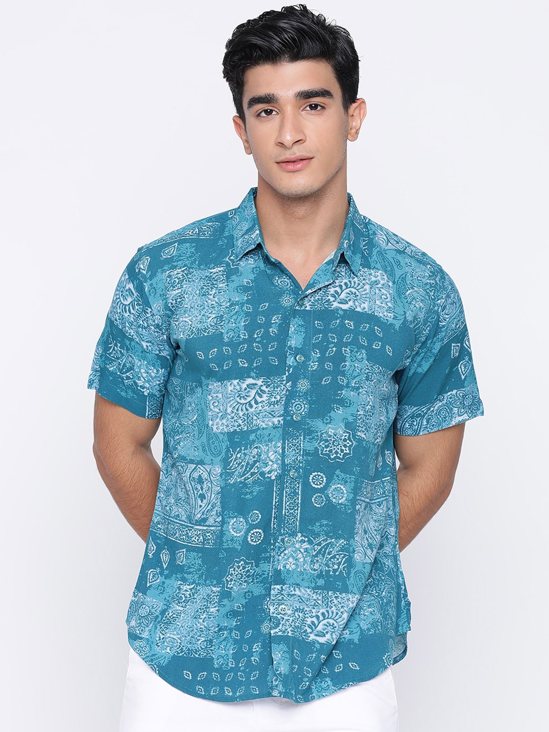 

Shurtz N Skurtz Relaxed Floral Printed Spread Collar Cotton Casual Shirt, Teal