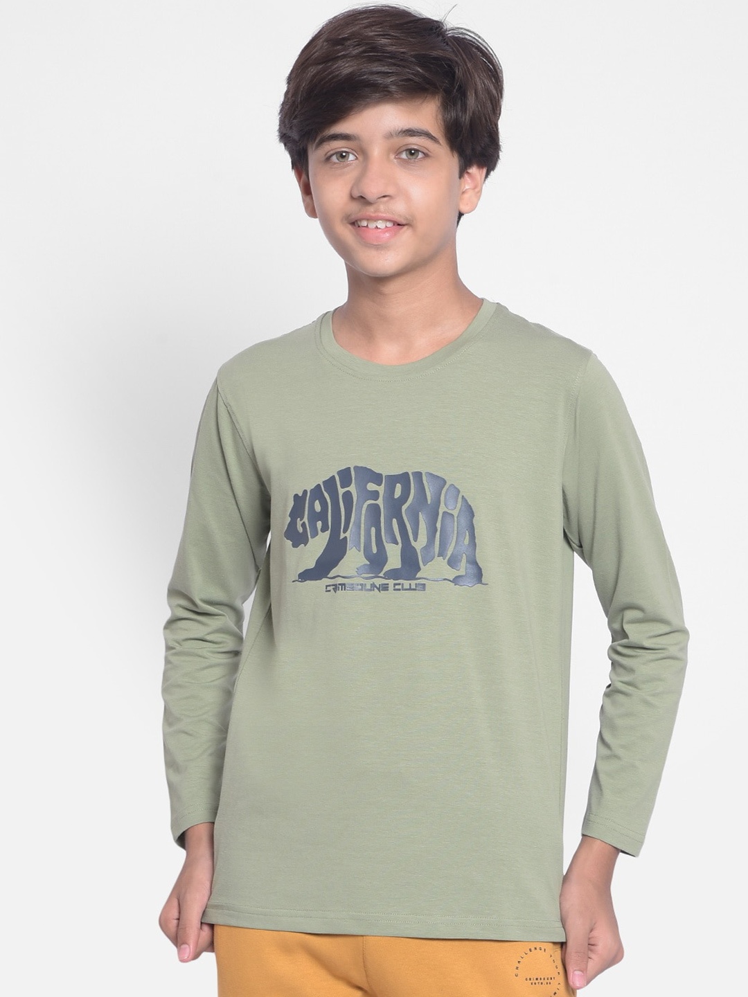 

Crimsoune Club Boys Graphic Printed Regular Fit Round Neck Cotton T-Shirt, Olive