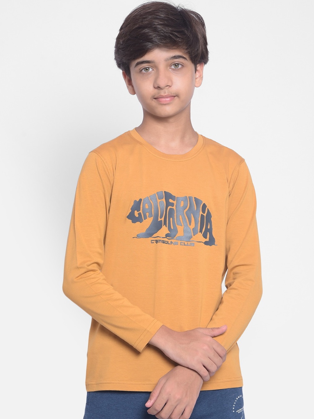 

Crimsoune Club Boys Graphic Printed Regular Fit Round Neck Cotton T-Shirt, Mustard