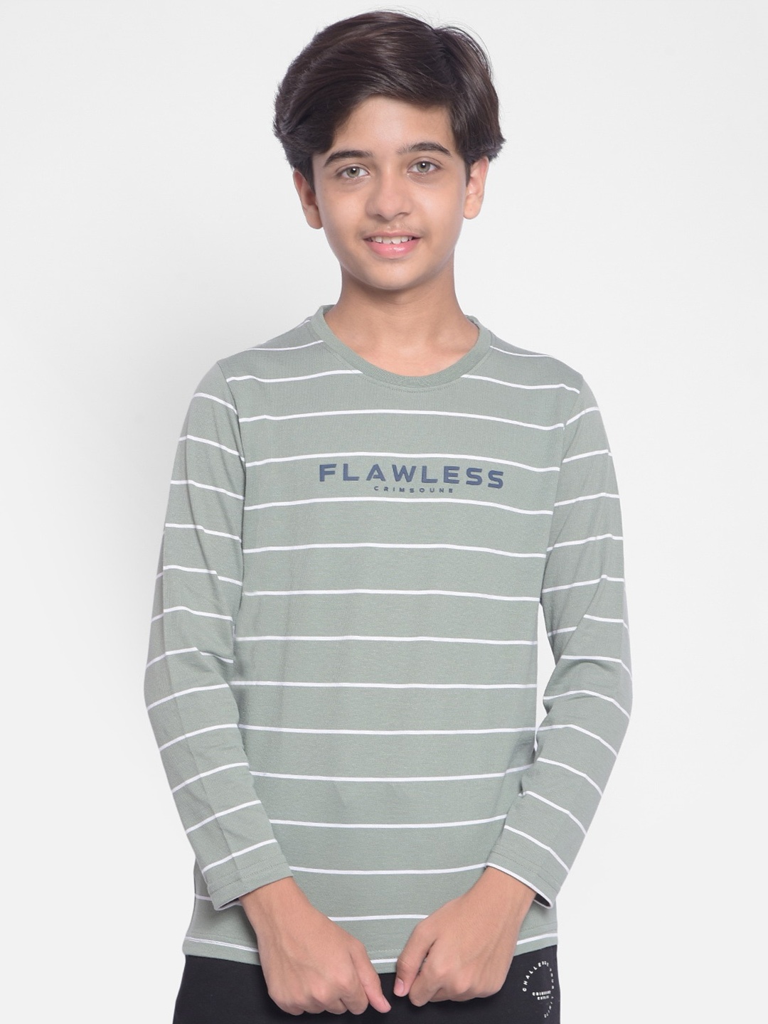 

Crimsoune Club Boys Striped Regular Fit Round Neck Cotton T-Shirt, Olive