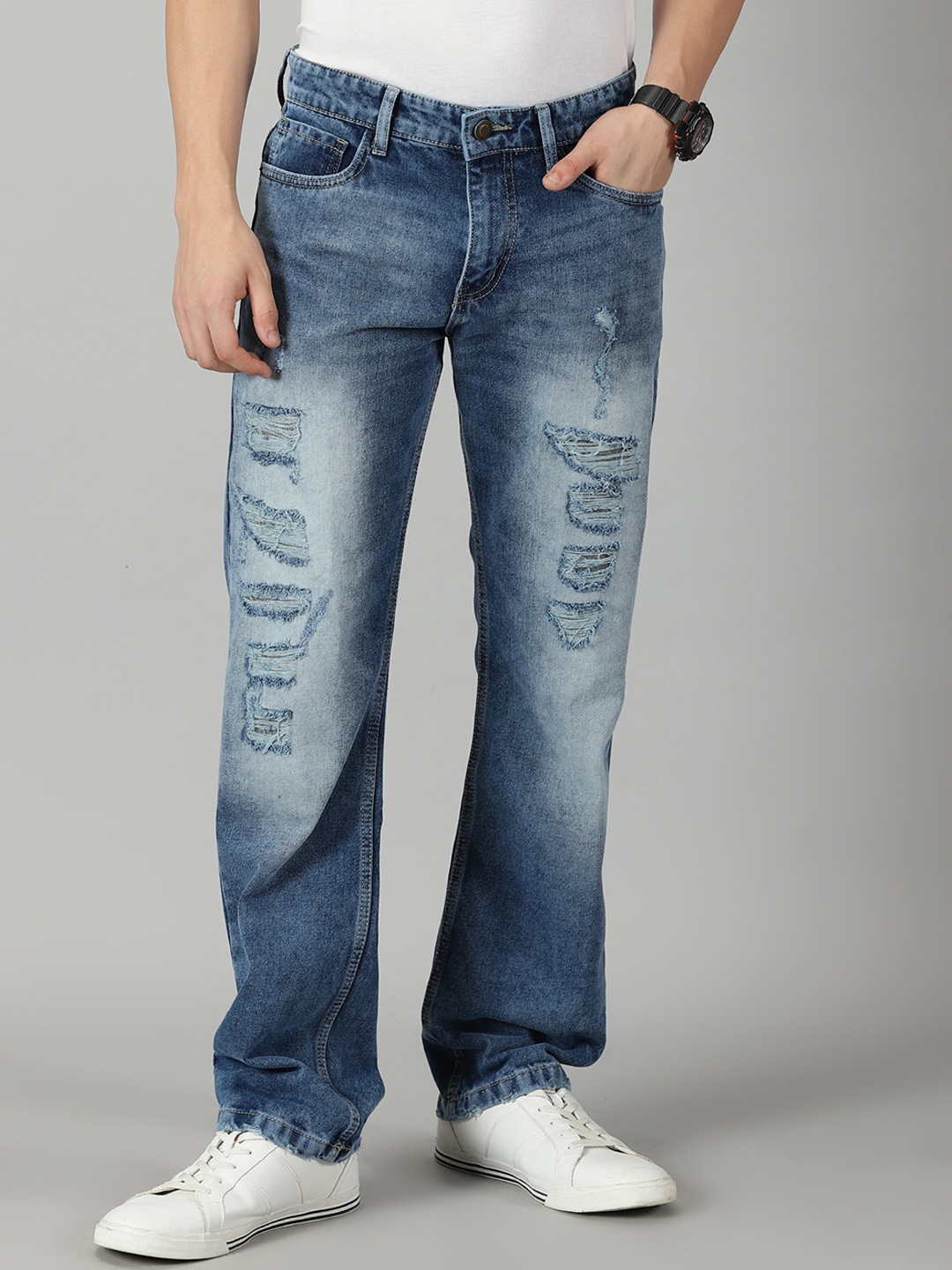 

VUDU Men Comfort Relaxed Fit Mildly Distressed Heavy Fade Cotton Jeans, Blue