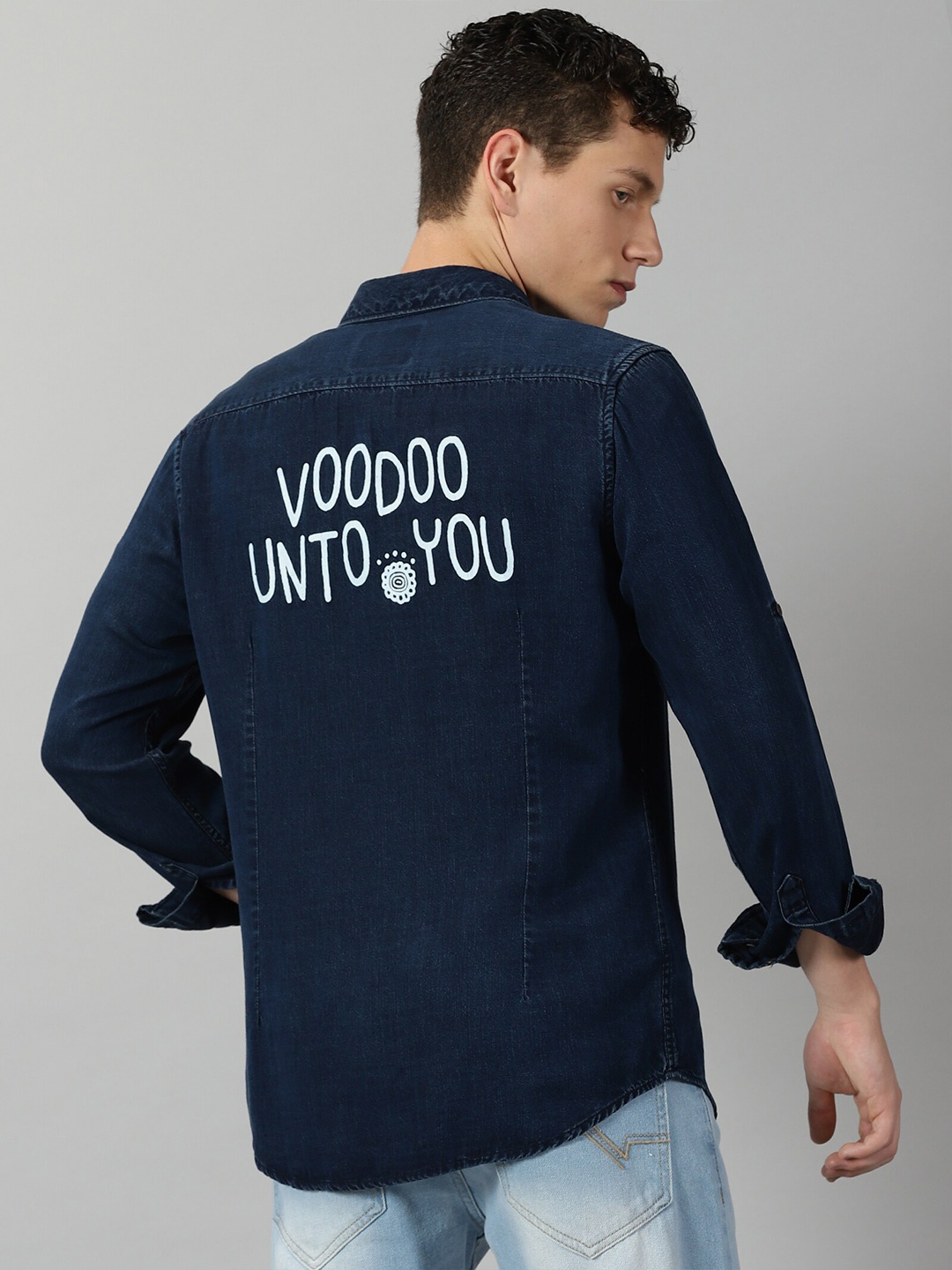 

VUDU Comfort Fit Typography Printed Spread Collar Opaque Casual Cotton Denim Shirt, Navy blue