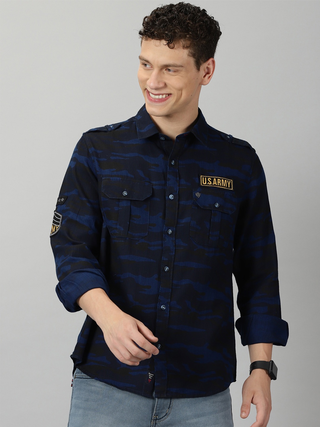 

VUDU Comfort Camouflage Printed Spread Collar Casual Cotton Shirt, Navy blue
