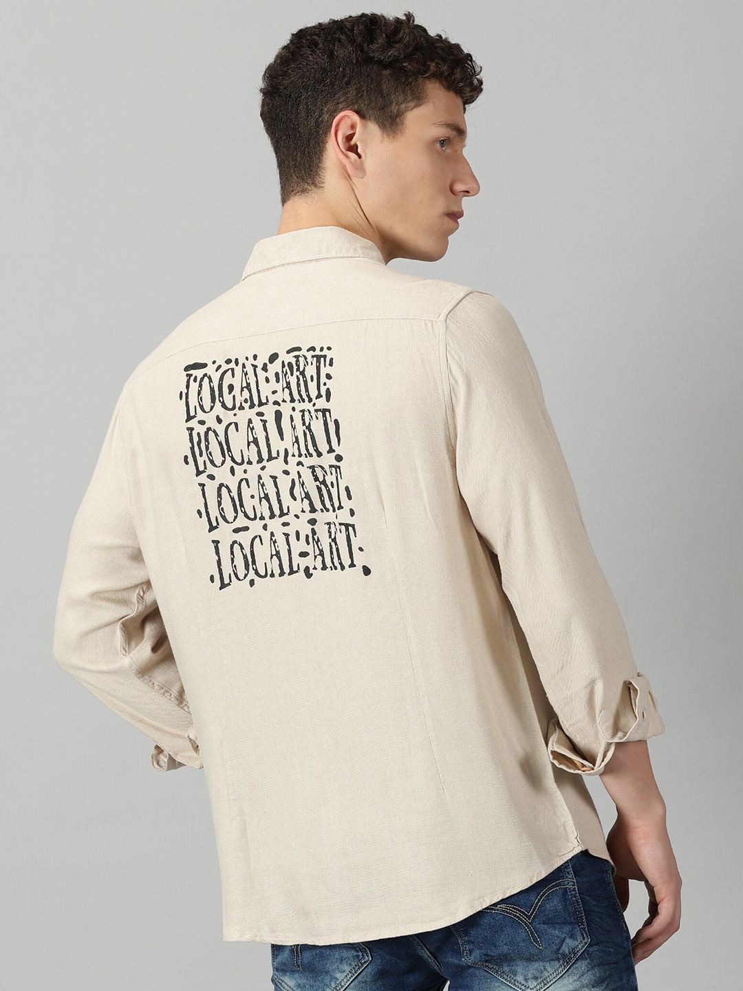

VUDU Comfort Fit Typography Printed Spread Collar Opaque Casual Cotton Shirt, Beige