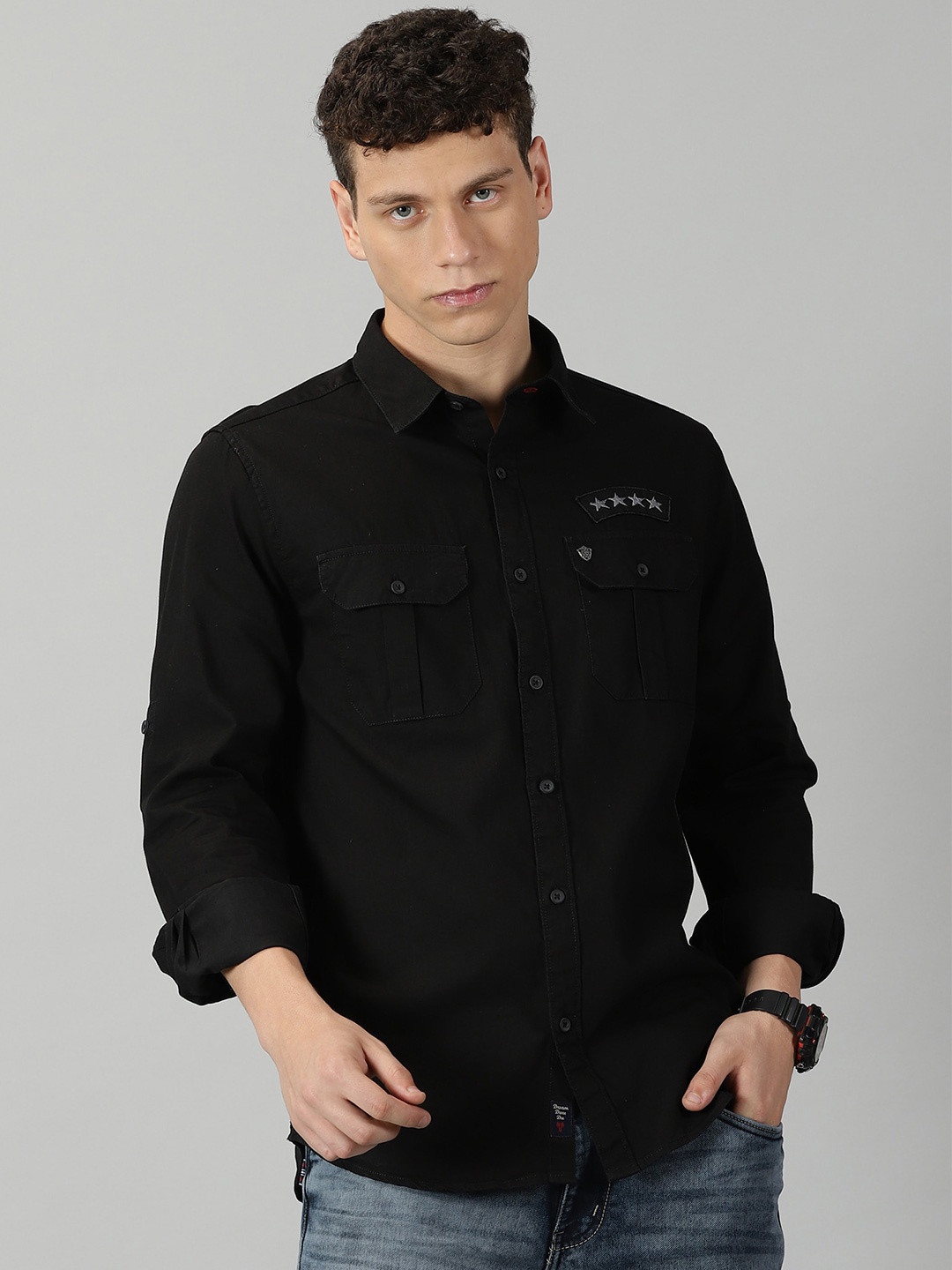 

VUDU Comfort Fit Spread Collar Opaque Casual Cotton Shirt, Black
