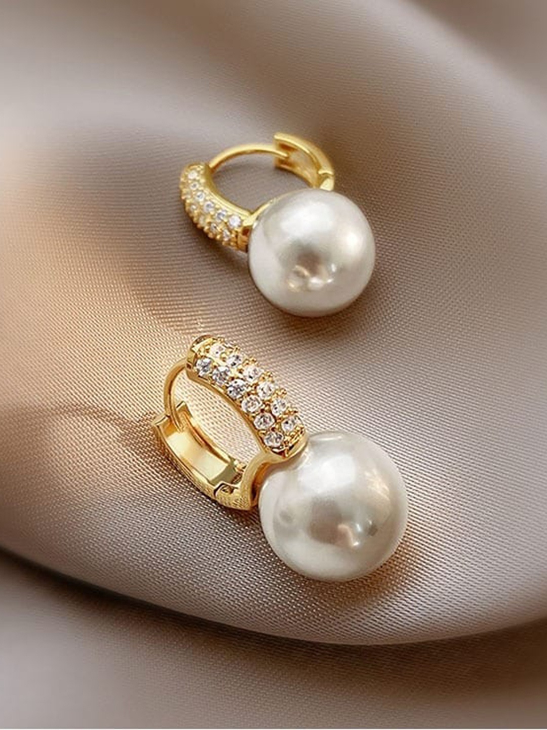 

VIEN Stainless Steel Cubic Zirconia Studded & Beaded Contemporary Drop Earrings, Gold