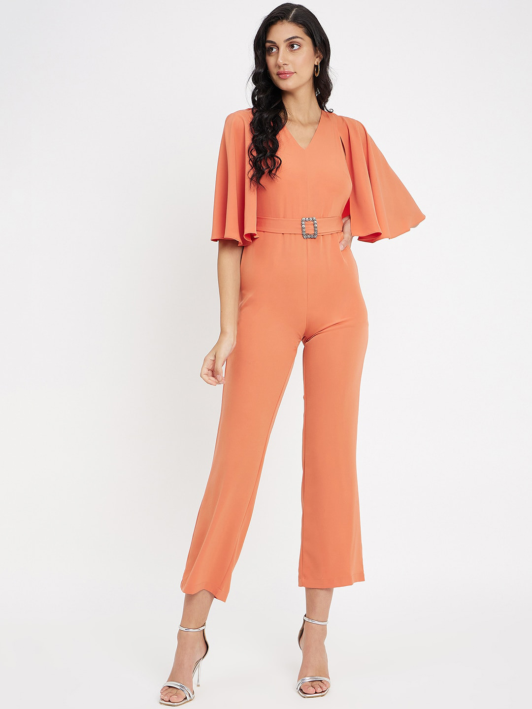 

Madame Flutter Sleeve Waist Tie-Ups Basic Jumpsuit, Orange