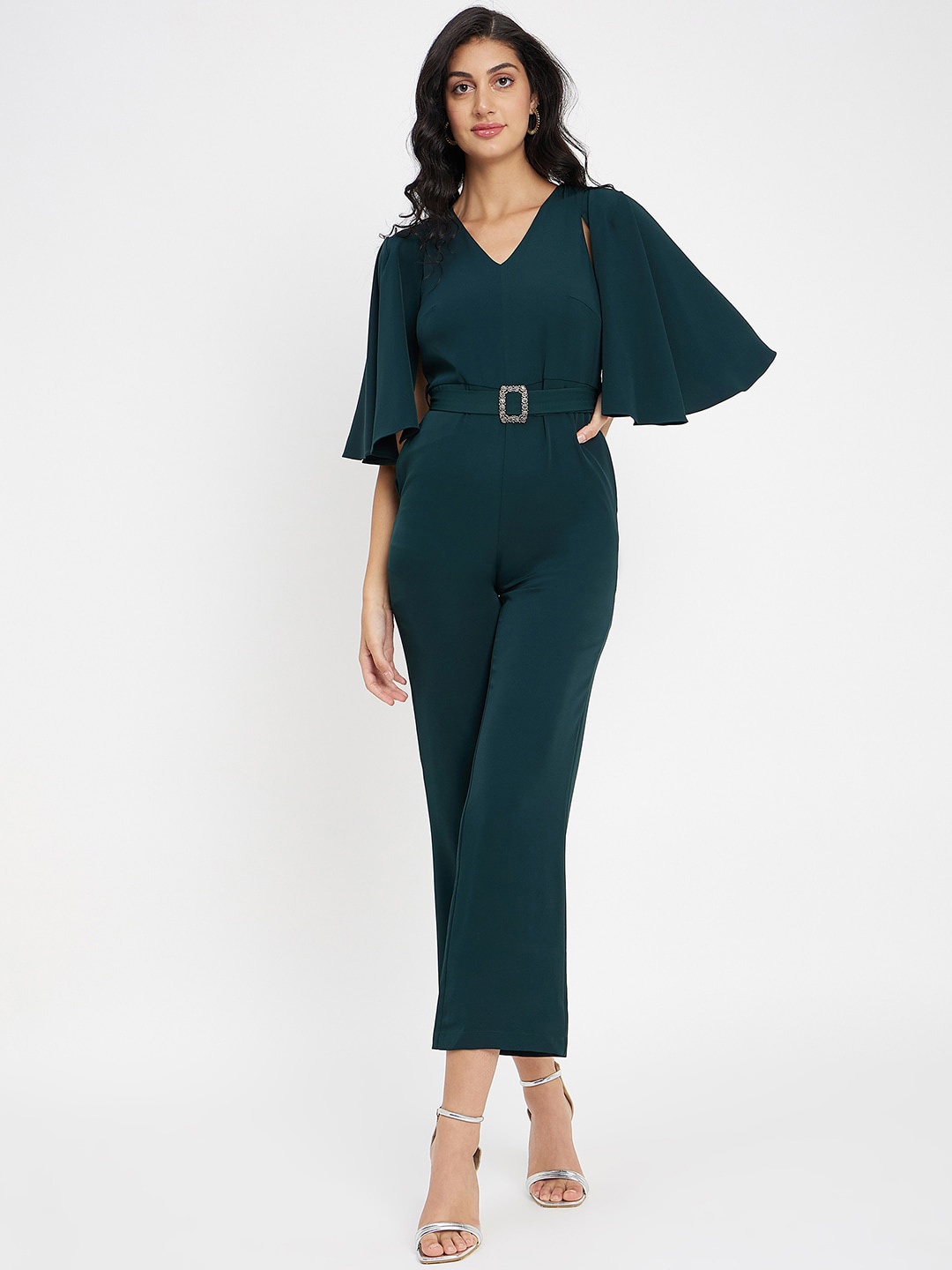 

Madame Flutter Sleeves Belted Detail Basic Jumpsuit, Green