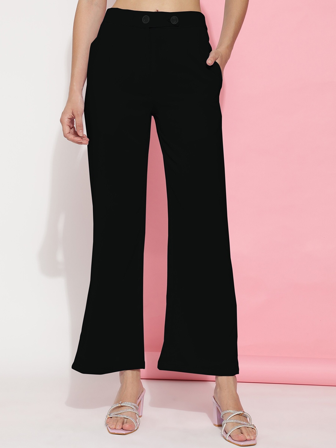 

FITHUB Women Relaxed Straight Fit Midi-Rise Cotton Easy Wash Parallel Trousers, Black