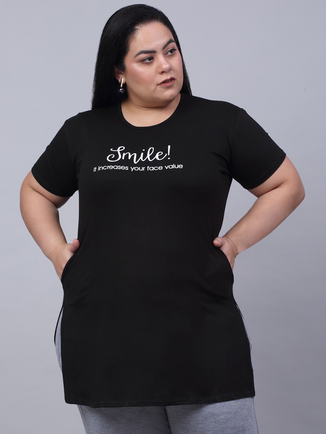 

Trend Level Plus Size Typography Printed Pure Cotton Longline T-shirt, Black