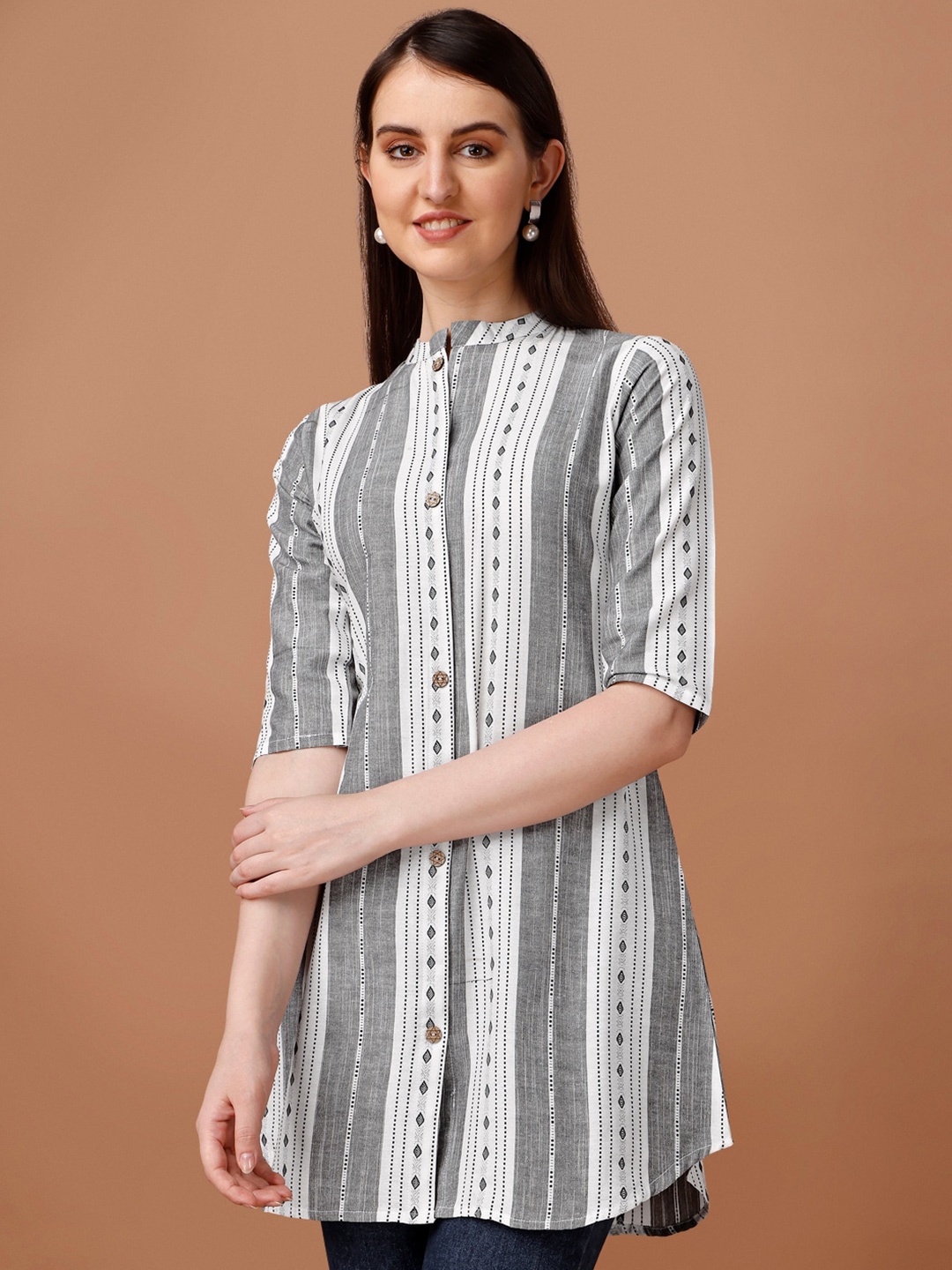 

KALINI Mandarin Collar Striped Cotton Tunic, Grey