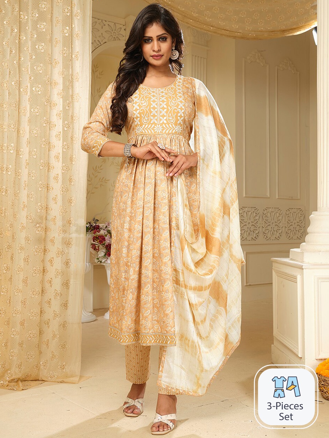 

KALINI Paisley Printed Straight Kurta With Trousers & Dupatta, Rust
