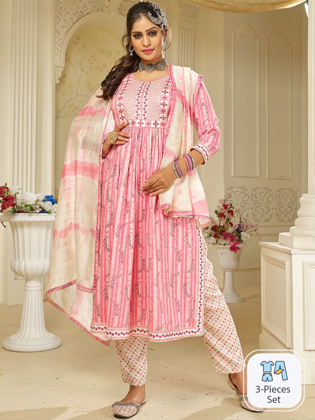 

KALINI Ethnic Motifs Printed Empire Thread Work Straight Kurta & Trousers With Dupatta, Pink