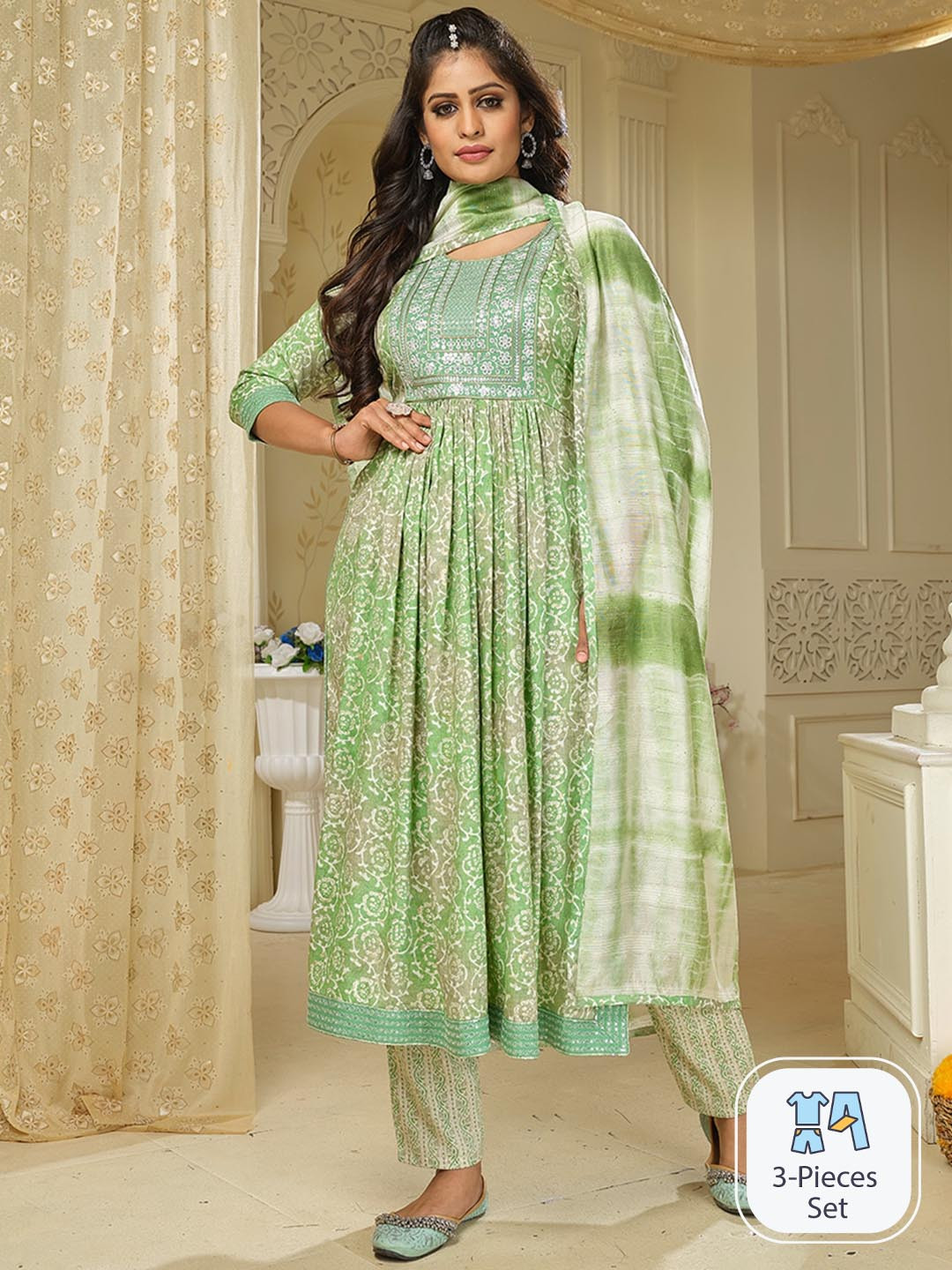 

KALINI Floral Printed Sequinned Anarkali Kurta With Trousers & Dupatta, Green