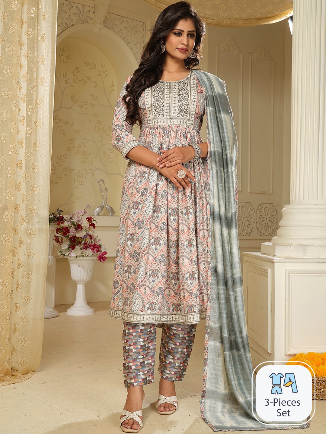 

KALINI Ethnic Motifs Printed Thread Work A-Line Kurta & Trousers With Dupatta, Grey