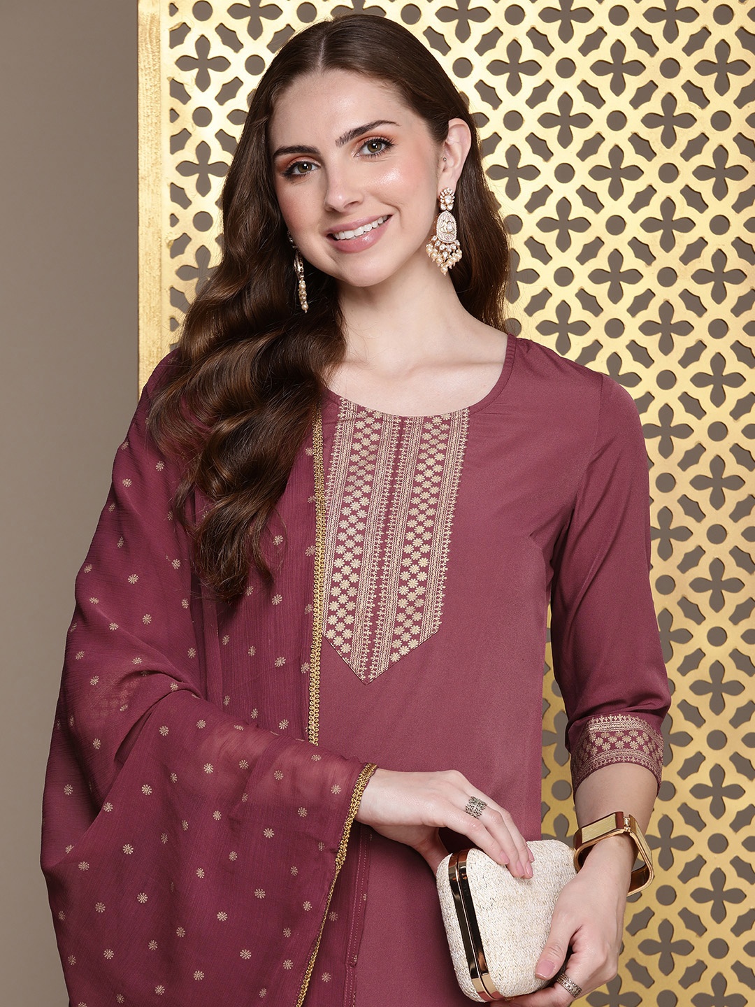 

House of Pataudi Ethnic Motifs Printed Regular Jashn Kurta with Palazzos & Dupatta, Mauve