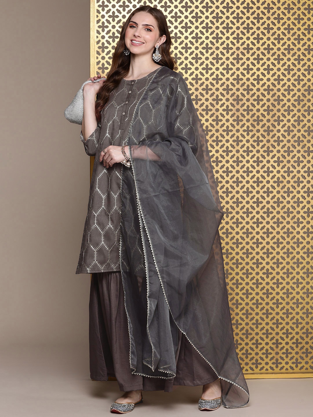 

House of Pataudi Women Ethnic Motifs Embroidered Kurta with Sharara & With Dupatta, Taupe