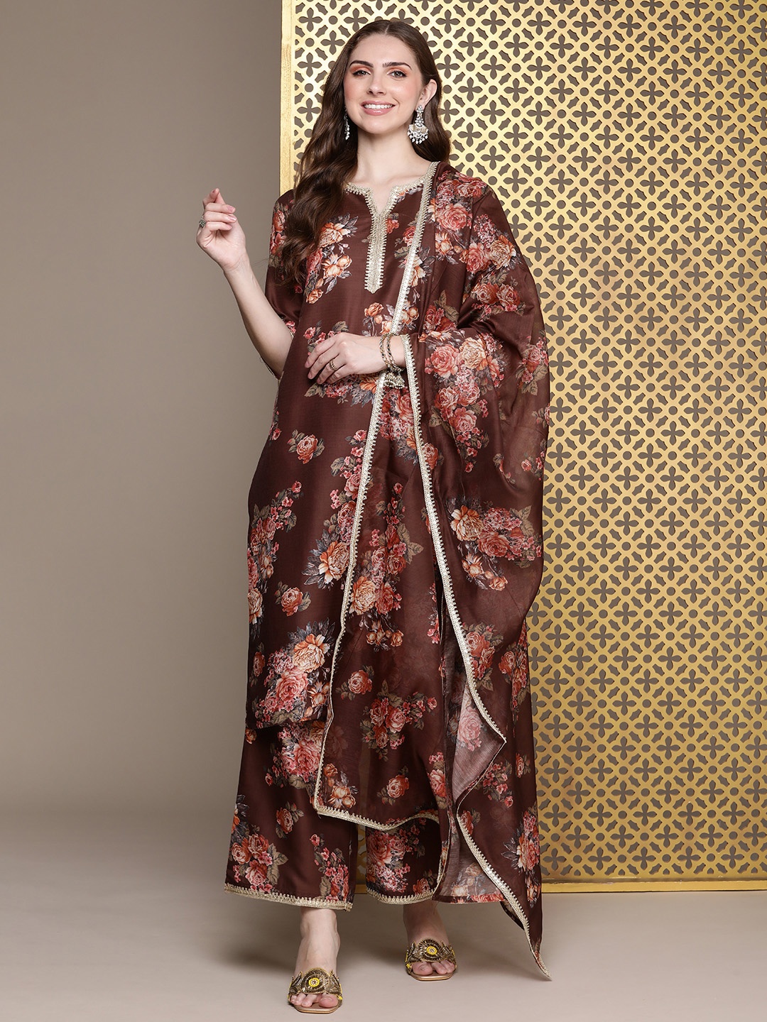 

House of Pataudi Women Floral Printed Gotta Patti Kurta with Palazzos & With Dupatta, Brown