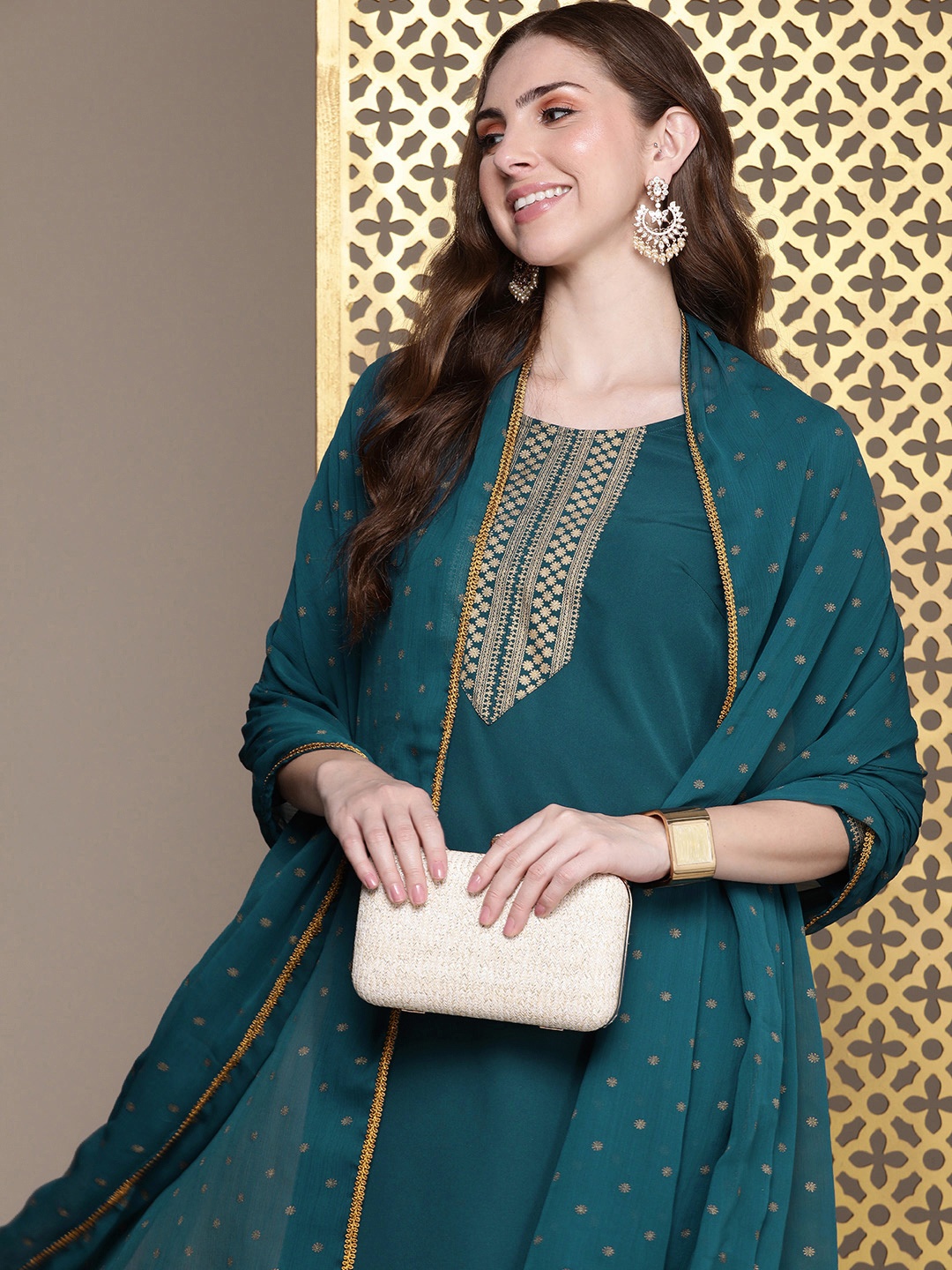 

House of Pataudi Women Jashn Ethnic Motifs Yoke Design Kurta With Palazzos & Dupatta, Teal