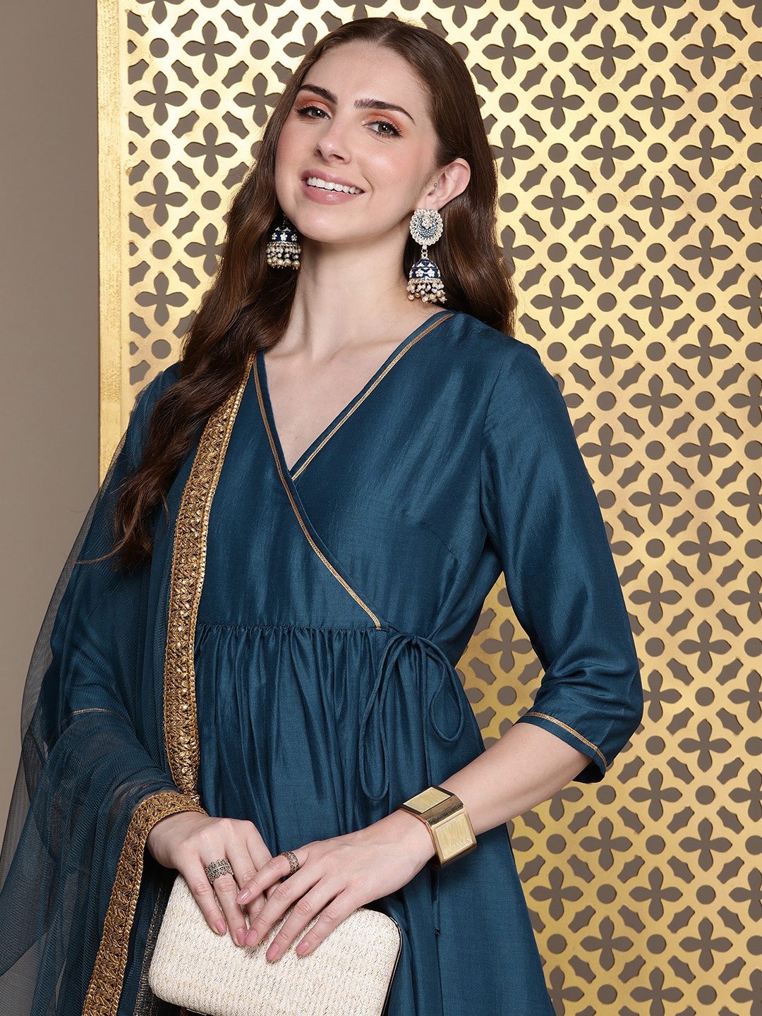 

House of Pataudi Solid Angrakha Jashn Kurta with Trousers & Dupatta, Blue