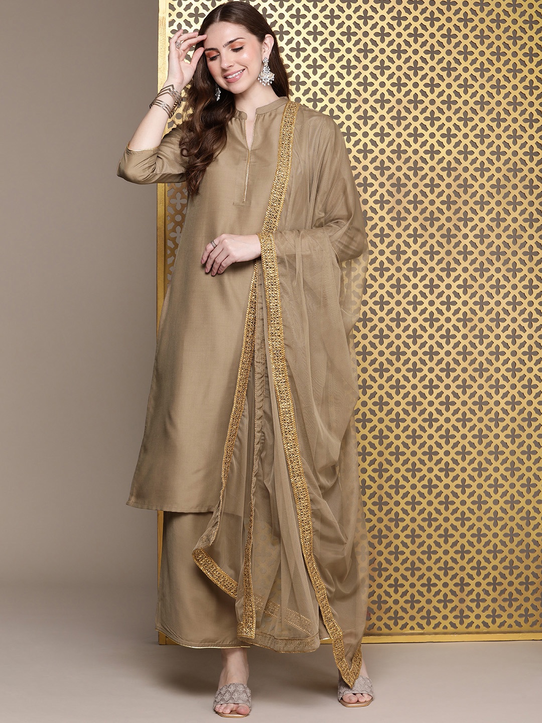 

House of Pataudi Women Jashn Kurta & Palazzos With Dupatta, Beige