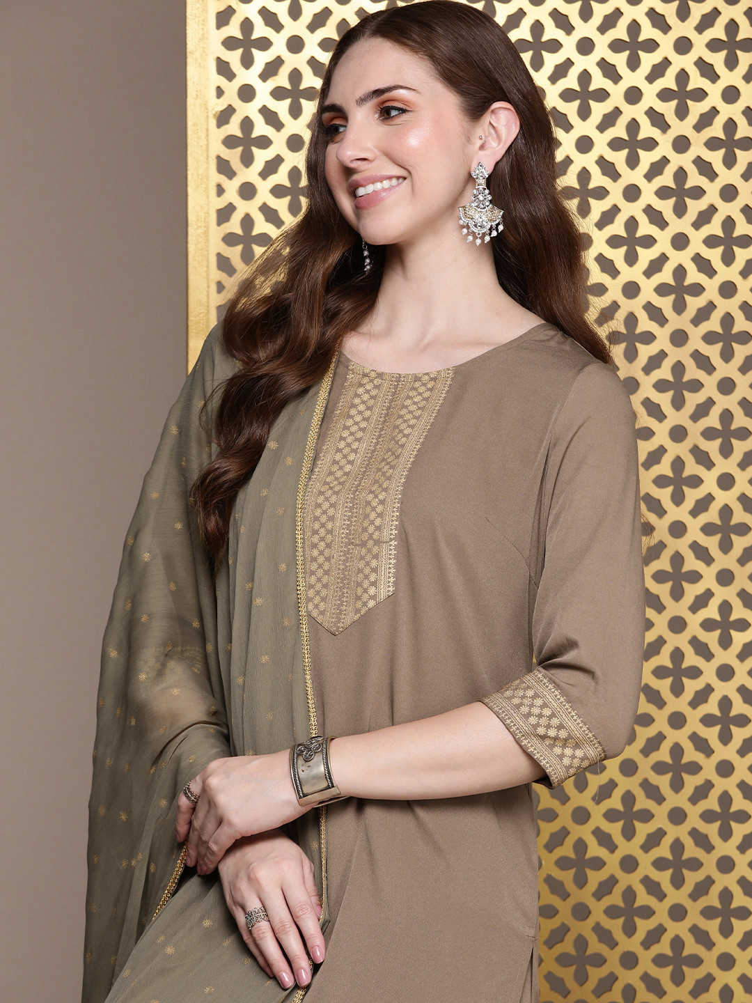 

House of Pataudi Ethnic Motifs Printed Regular Jashn Kurta with Palazzos & Dupatta, Brown