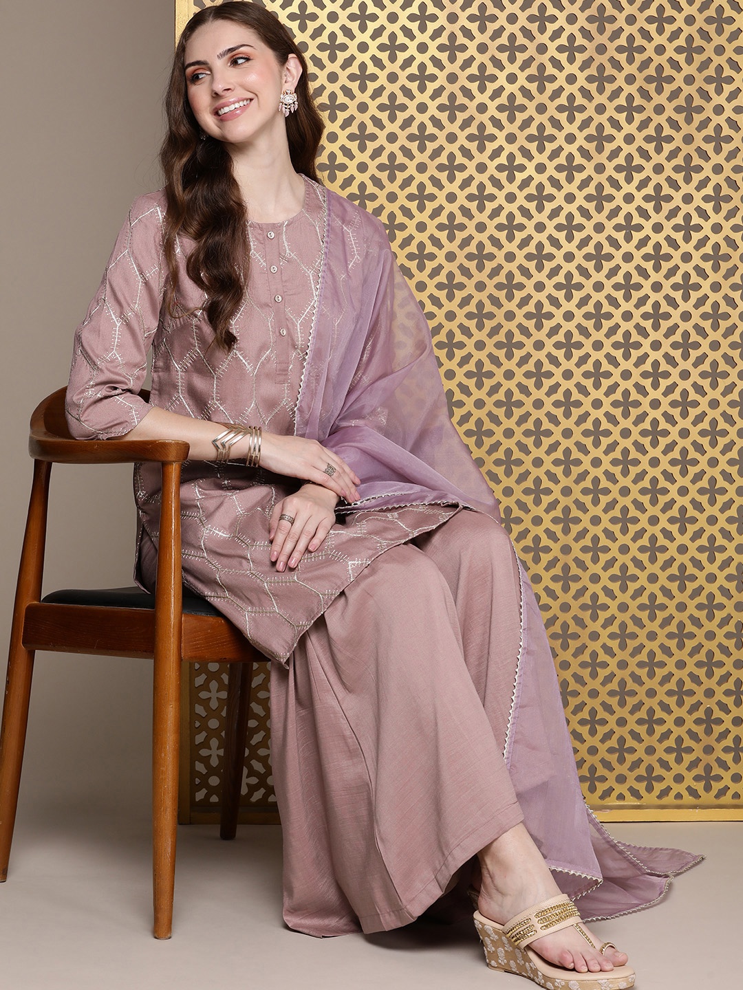 

House of Pataudi Women Ethnic Motifs Embroidered Kurta with Sharara & With Dupatta, Pink