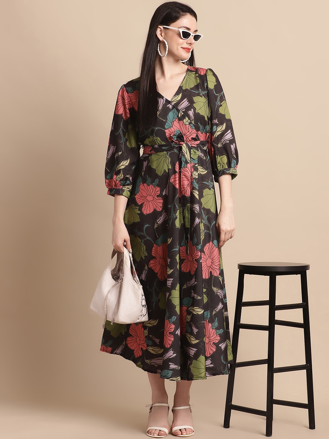 

JAINISH Floral Printed V-Neck Puff Sleeve A-Line Dress, Brown