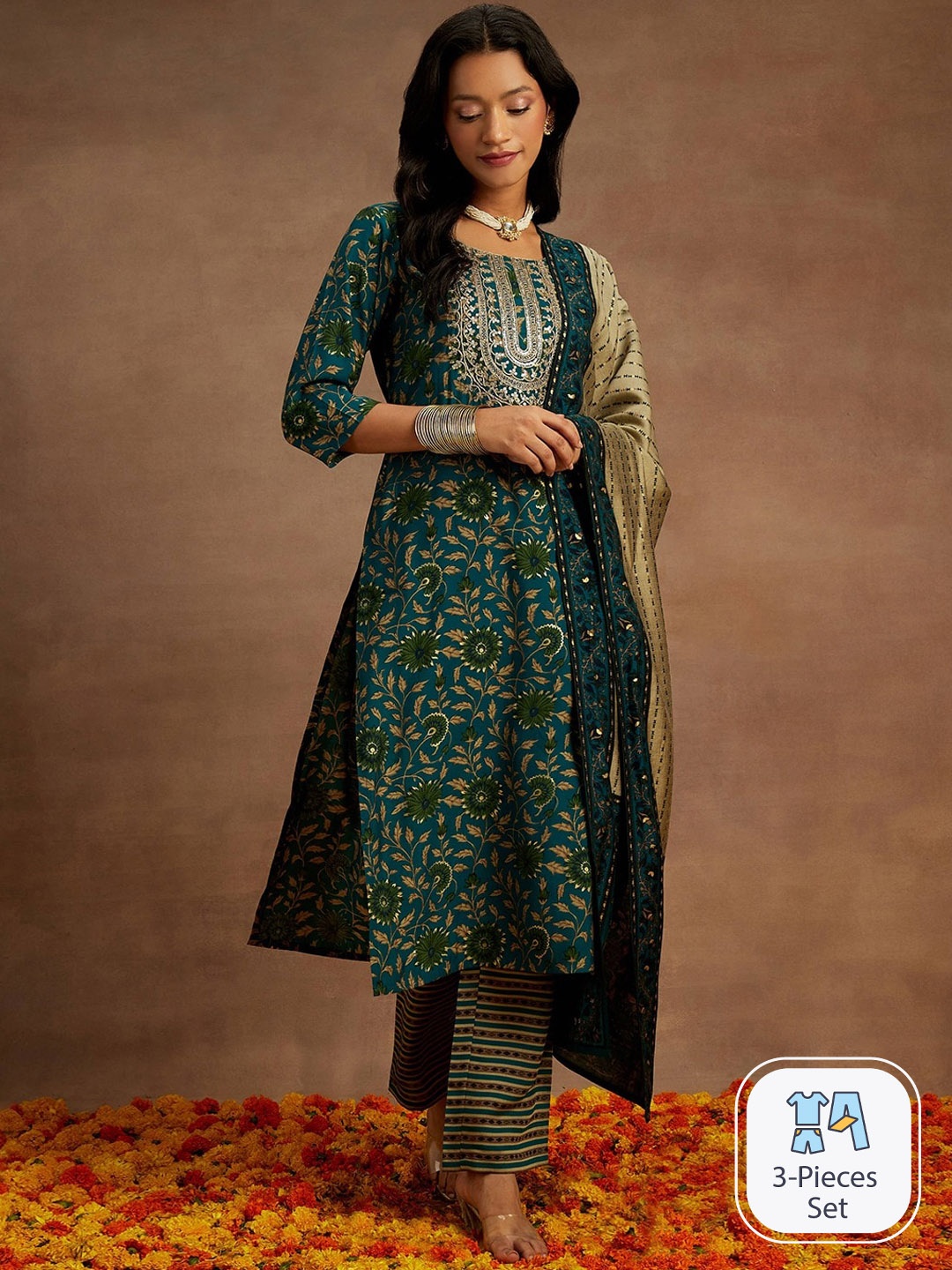 Libas Floral Printed Regular Sequinned Kurta & Trousers With Dupatta, Blue