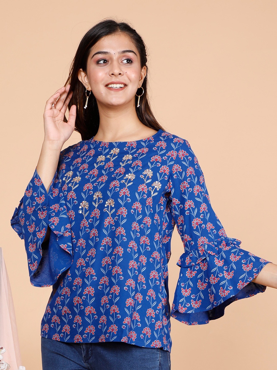 

misbis Ethnic Motif Printed Ruffled Bell Sleeves Regular Top, Blue