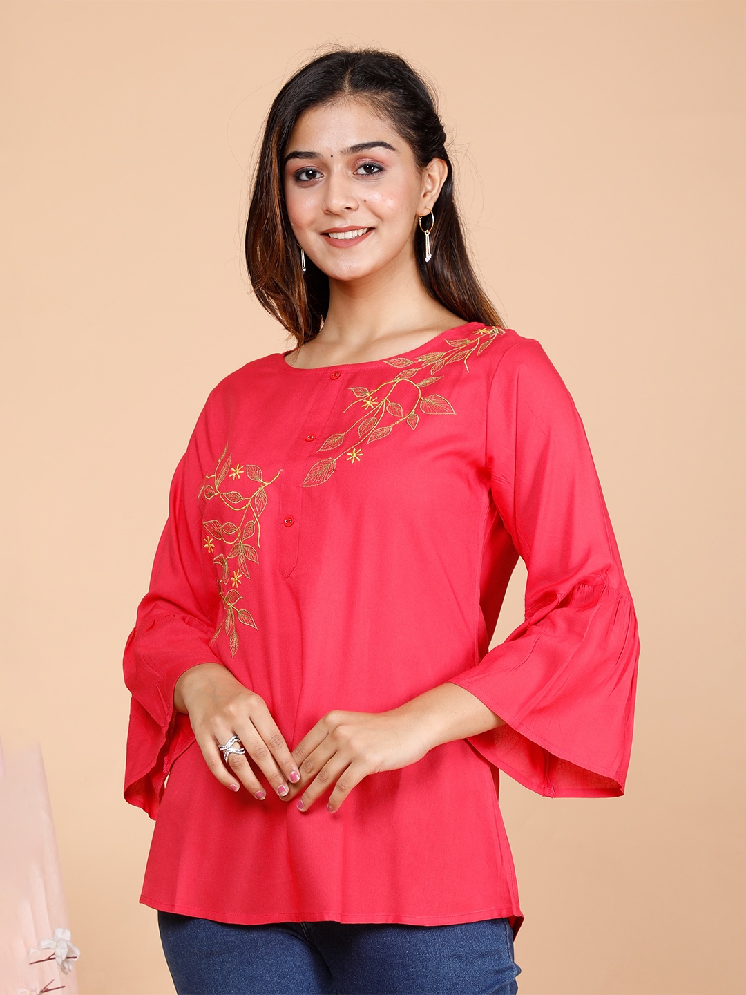 

misbis Bell Sleeve Embroidered Detail Top, Pink