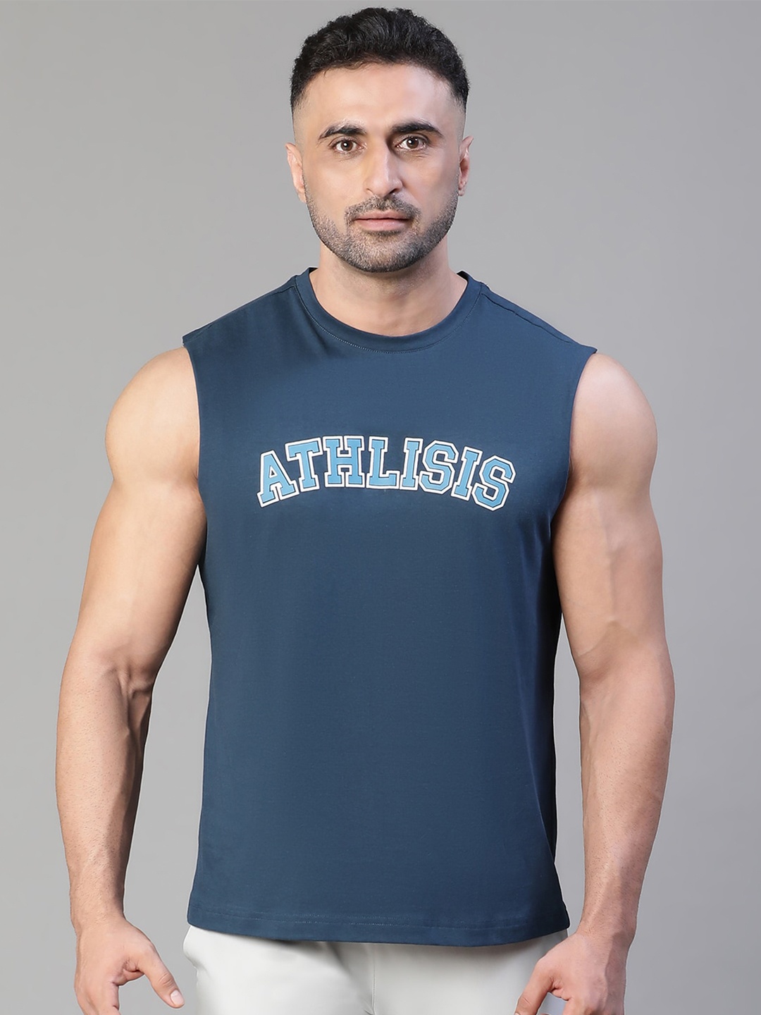 ATHLISIS Typography Printed Bio Finish Cotton Slim Fit T-shirt, Teal