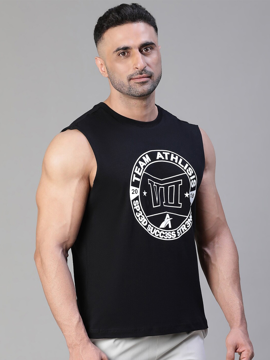 

ATHLISIS Typography Printed Sleeveless Bio Finish Cotton Slim Fit T-shirt, Black