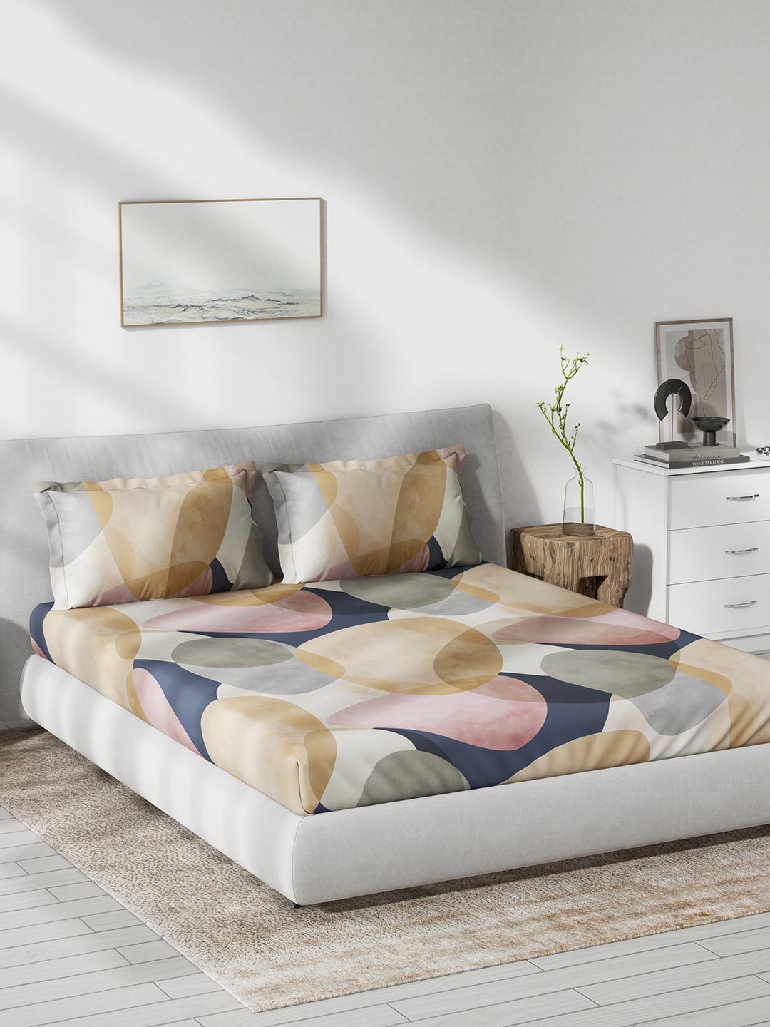 

DDecor Blue & Grey Geometric Cotton 140 TC Queen Bedsheet with 2 Pillow Covers