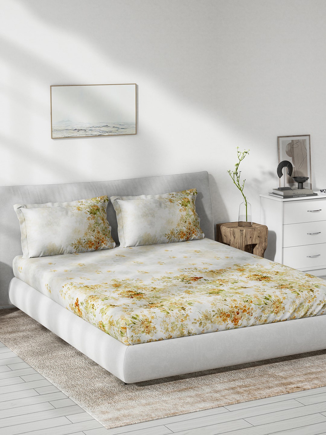 DDecor White & Orange Floral Cotton 140 TC Queen Bedsheet With 2 Pillow Covers