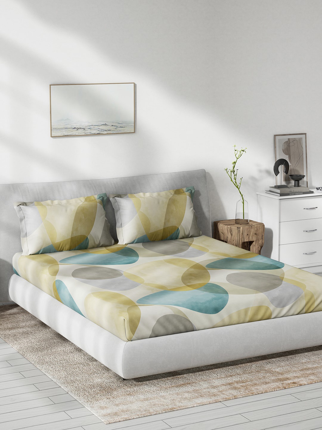 

DDecor Yellow & Blue Abstract Printed Cotton 140 TC Queen Bedsheet With 2 Pillow Covers