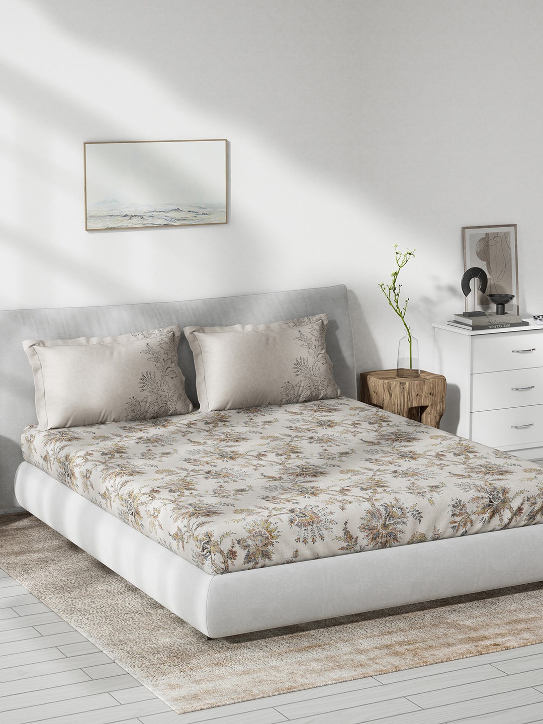 

DDecor Live Beautiful Beige Floral Cotton 140 TC Queen Bedsheet with 2 Pillow Covers