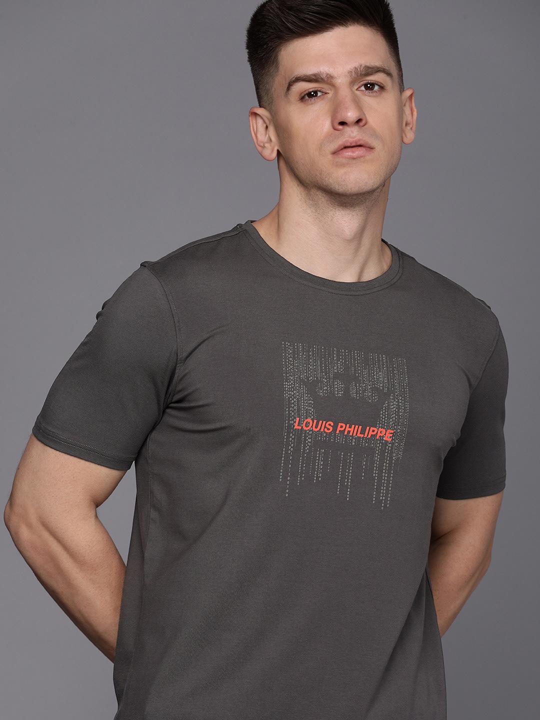 

Louis Philippe ATHPLAY Graphic Applique Slim Fit T-shirt, Charcoal