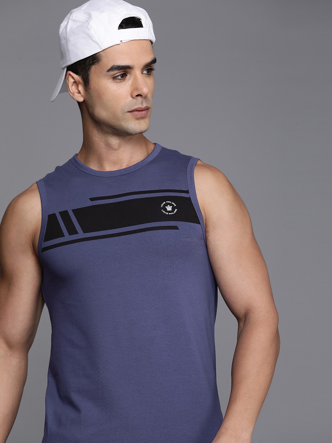 

Louis Philippe ATHPLAY Striped Sleeveless Slim Fit T-shirt, Blue