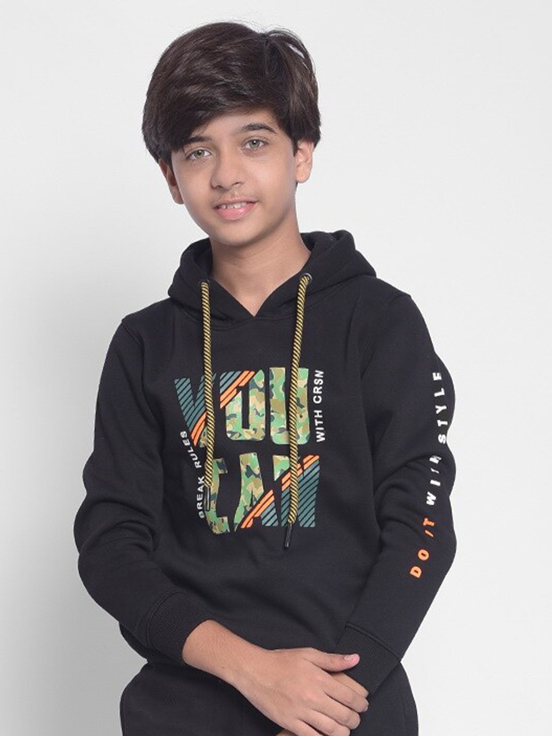 

Crimsoune Club Boys Typography Printed Hooded Cotton Pullover, Black